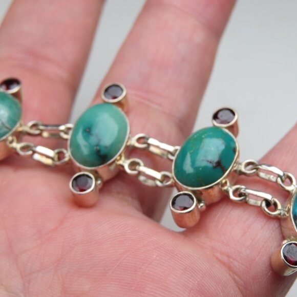Sterling Silver Turquoise Garnet  Bracelet Hand Crafted (c) - Picture 2 of 6